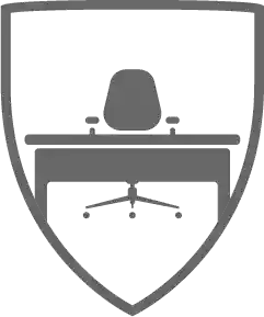 Office desk and chair inside a shield.